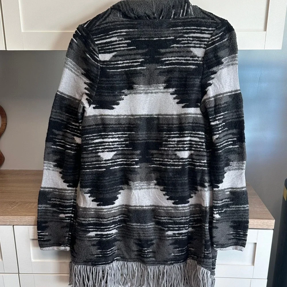 Lucky Brand Women Southwestern Cardigan Sweater Black Gray Fringe Aztec Tribal L
